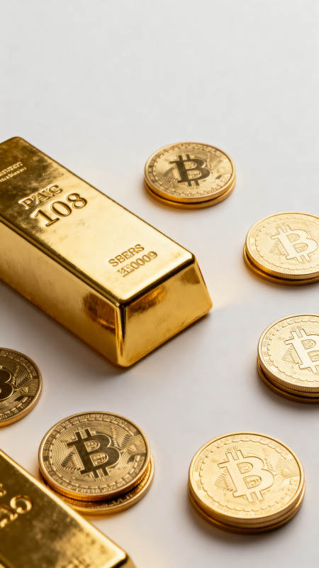 金条与比特币硬币特写图片