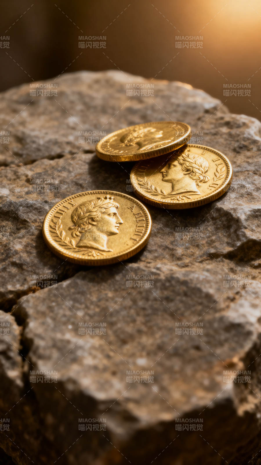 古币静卧石上 金光熠熠图片