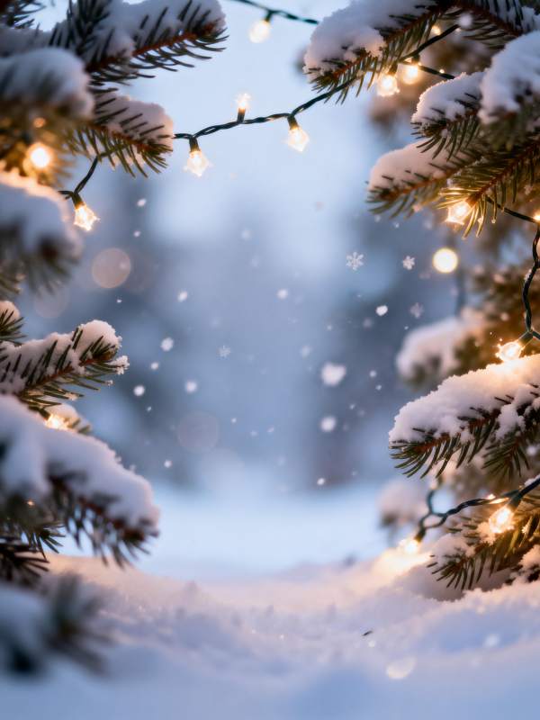 雪夜松枝灯影暖图片
