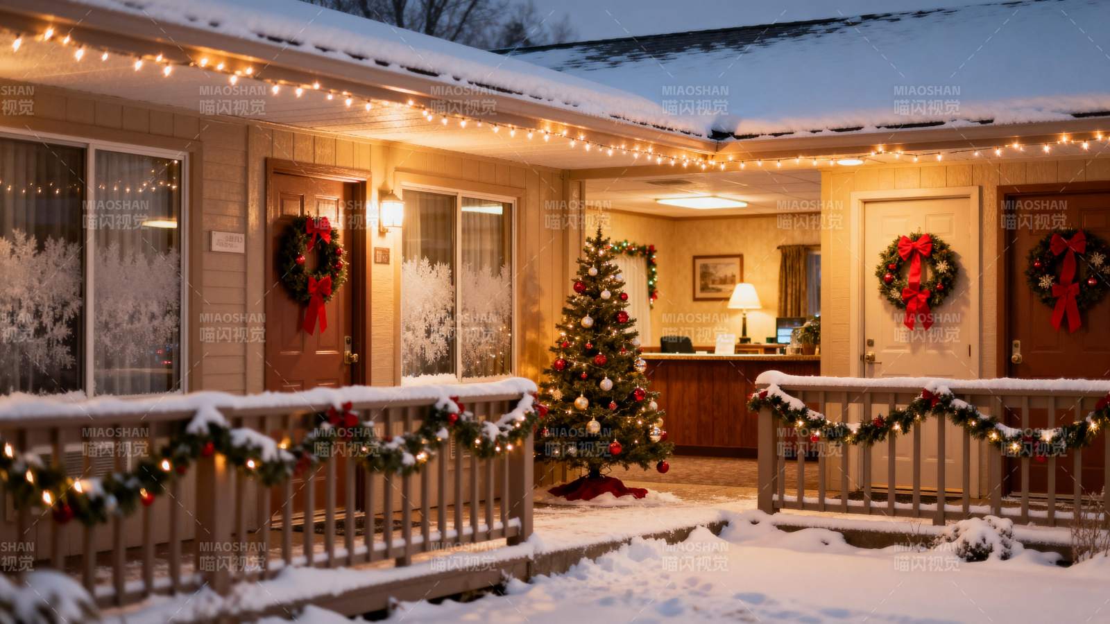 雪夜圣诞小屋 灯火温馨迎佳节图片