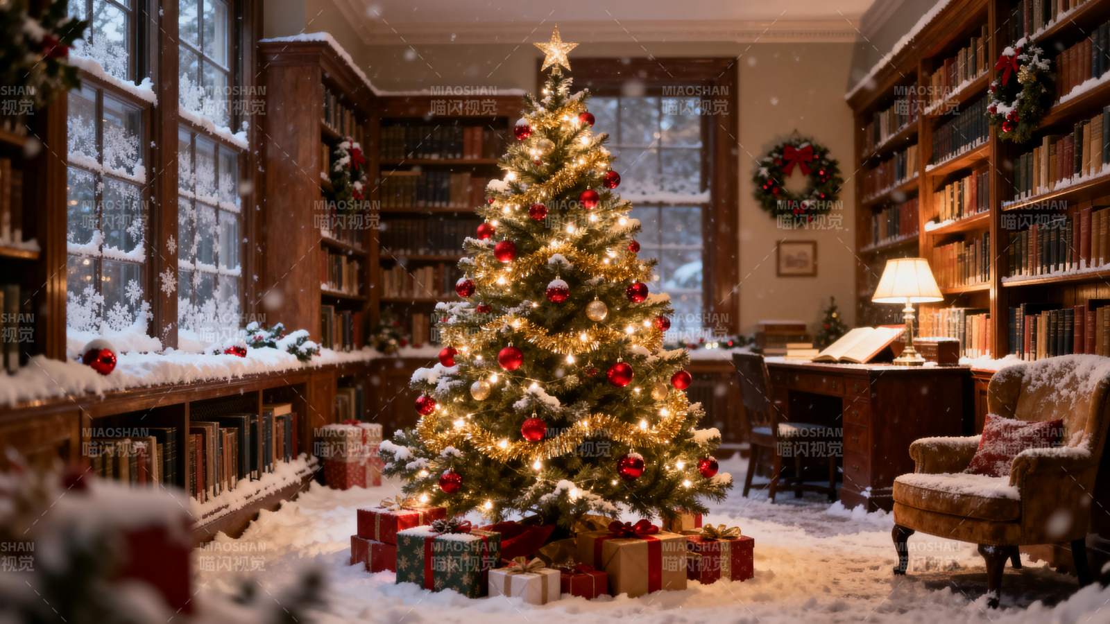 雪夜书房圣诞树暖光礼盒图片