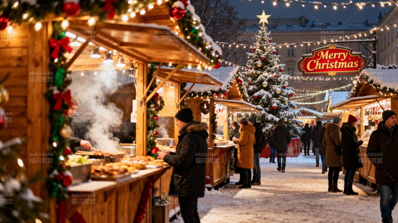 雪夜圣诞市集暖光人影图片