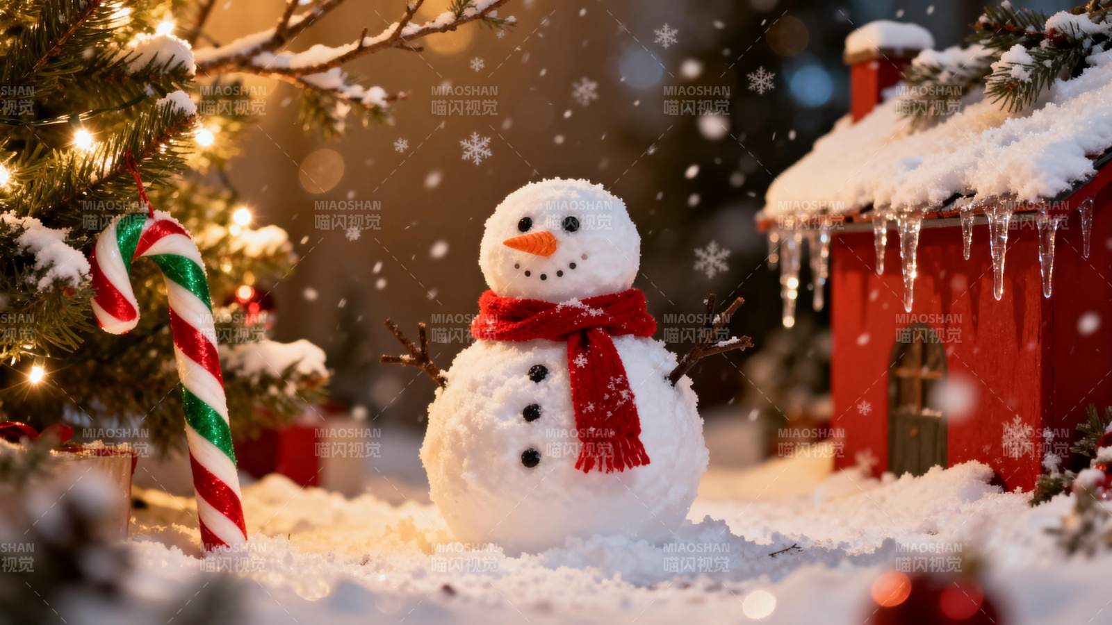 雪夜童话 雪人伴红屋图片