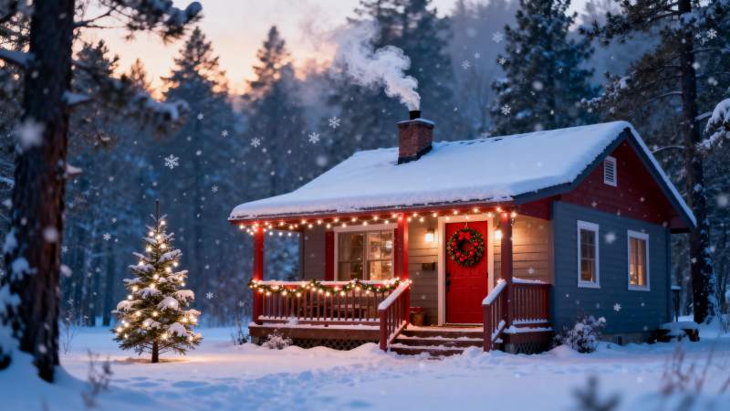 雪夜小屋 灯火暖人心图片