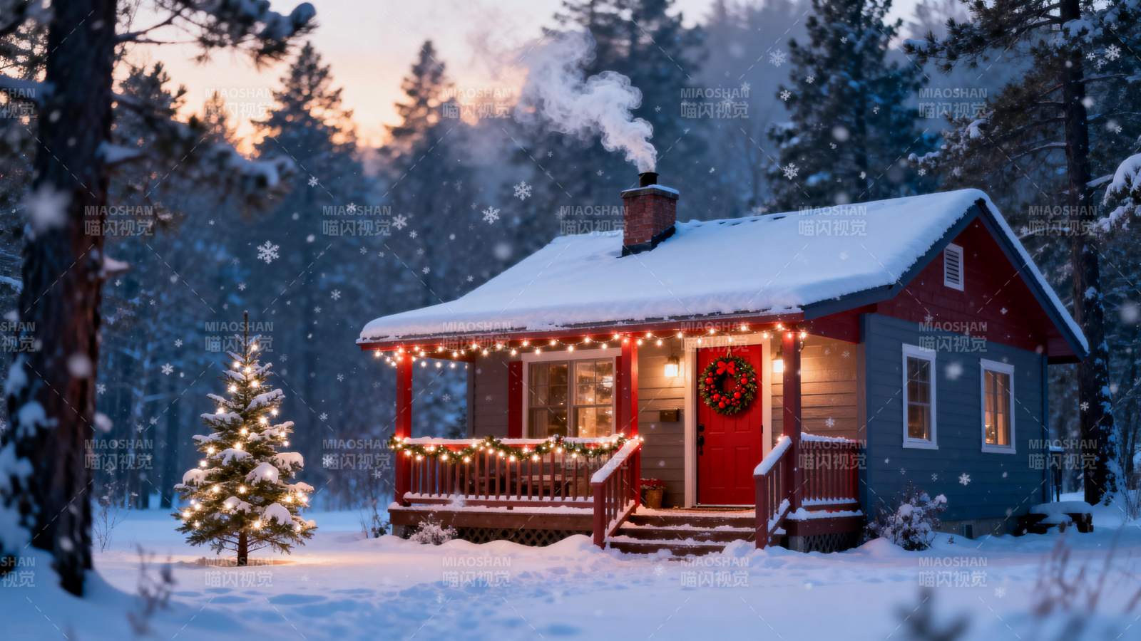 雪夜小屋 灯火暖人心图片