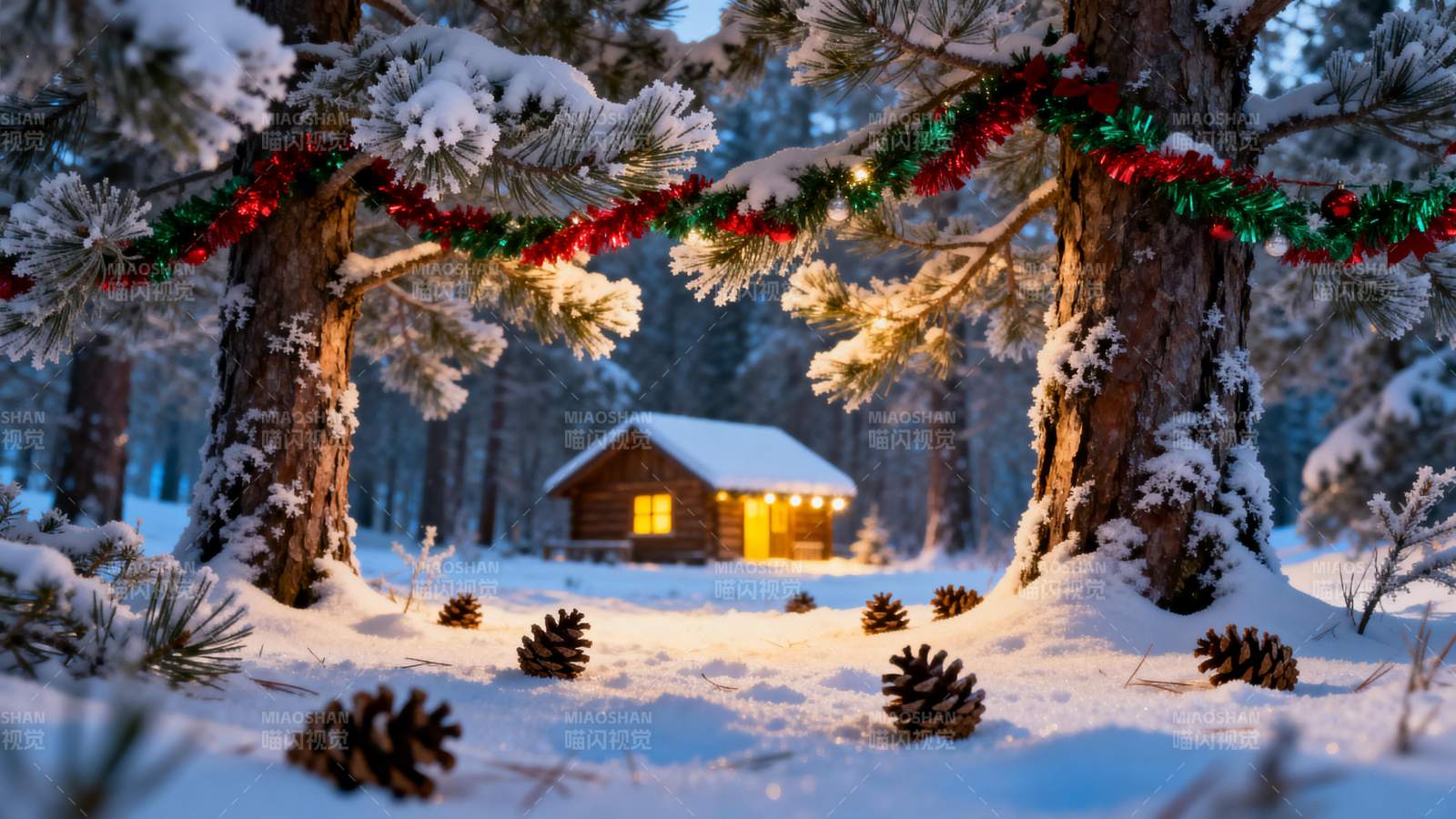 雪夜松间小屋暖光迎圣诞图片