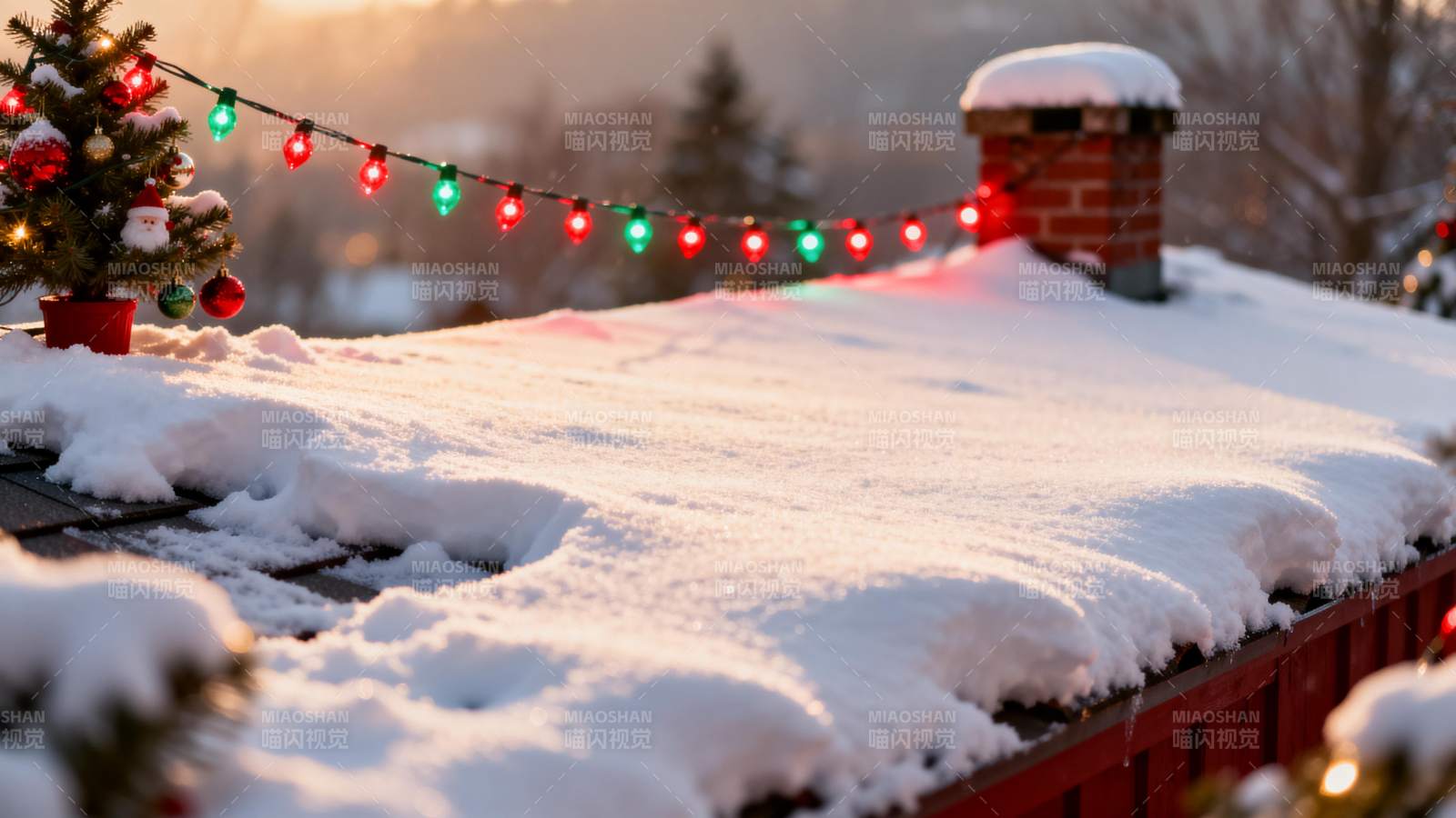 雪覆屋顶 彩灯迎圣诞图片