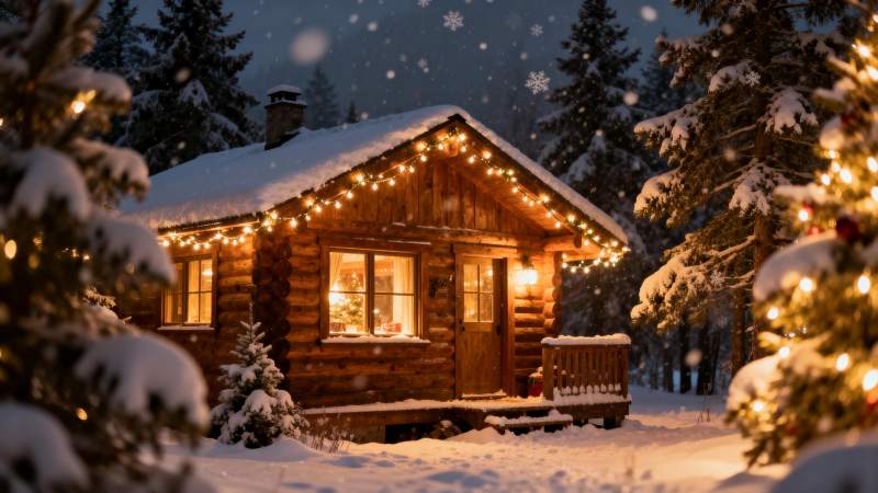 雪夜木屋 灯火暖人心图片