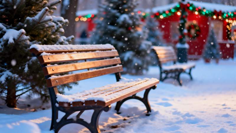 雪夜长椅 圣诞灯影暖图片