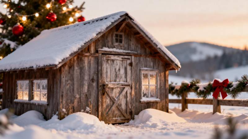 雪夜木屋 圣诞灯暖人心图片