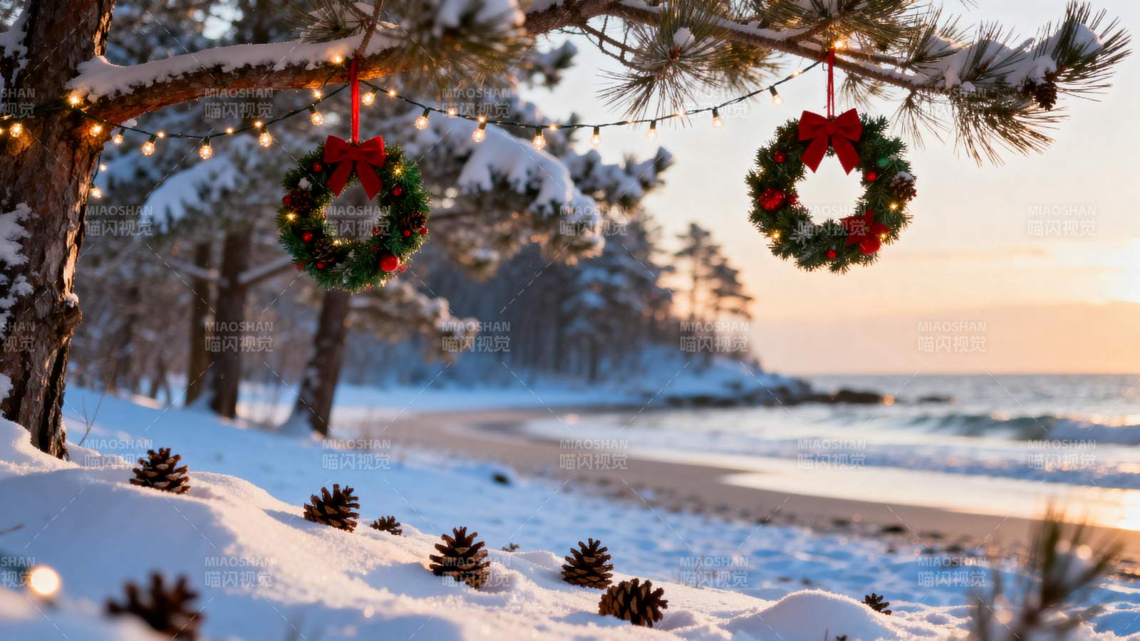 雪松挂 wreath 海边圣诞景图片