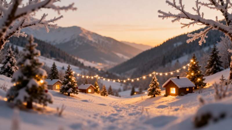 雪夜山村 灯火暖人心图片