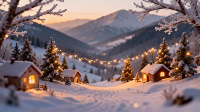 雪夜山村灯火暖图片