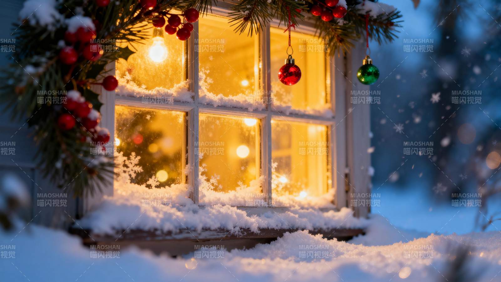 雪夜暖窗 圣诞灯影温馨图片