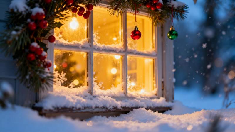 雪夜暖窗 圣诞灯影温馨图片