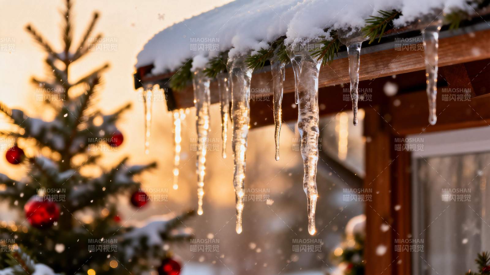 雪檐冰凌映圣诞树暖光图片