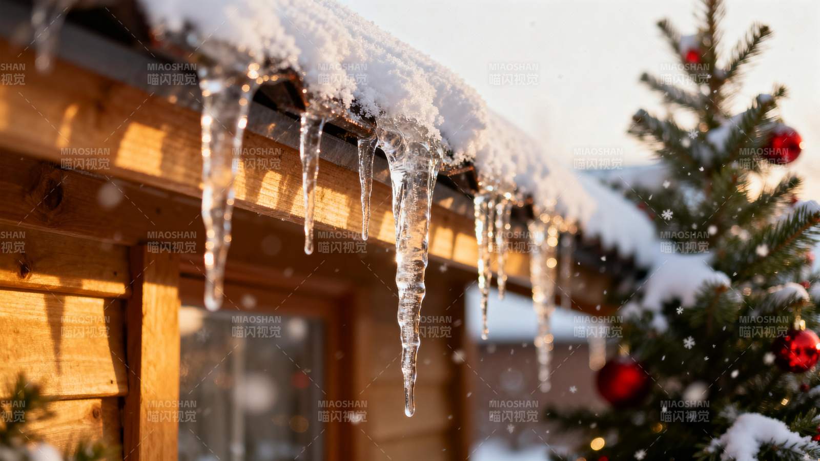 雪屋檐下冰凌垂 圣诞树旁暖意融图片
