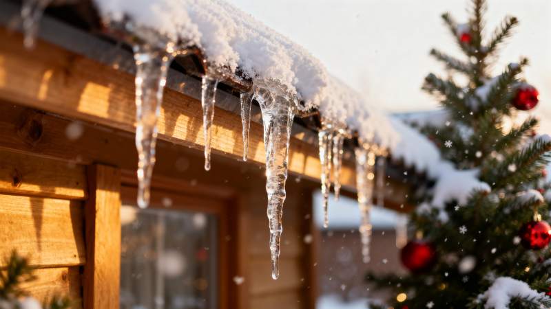 雪屋檐下冰凌垂 圣诞树旁暖意融图片