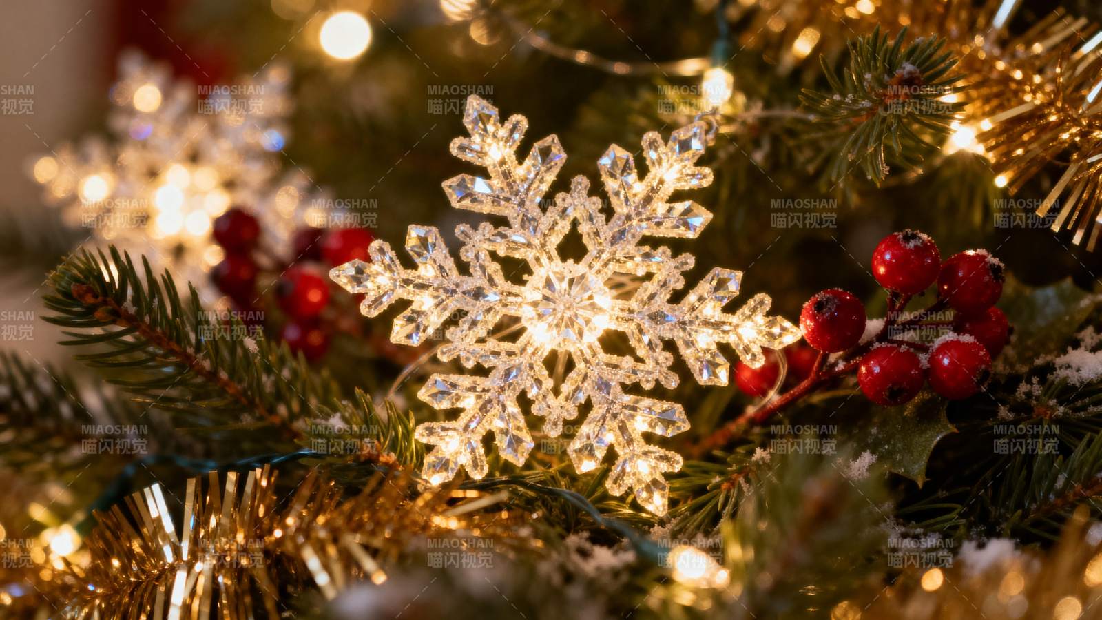 雪flake闪圣诞枝红果金辉图片