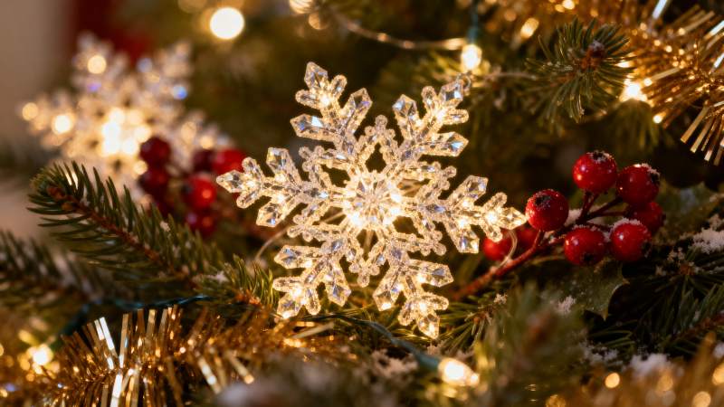 雪flake闪圣诞枝红果金辉图片