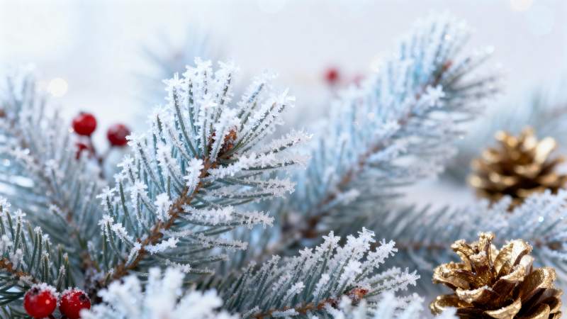霜枝红果金松果冬景图片