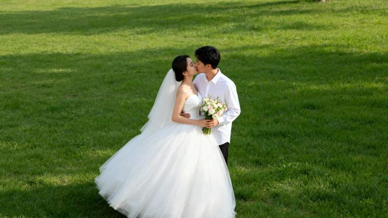 草坪上的新婚之吻图片