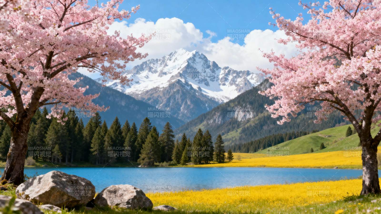 樱雪湖山春如画图片