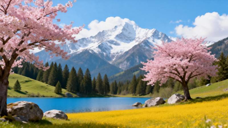 樱花雪山湖景如画图片