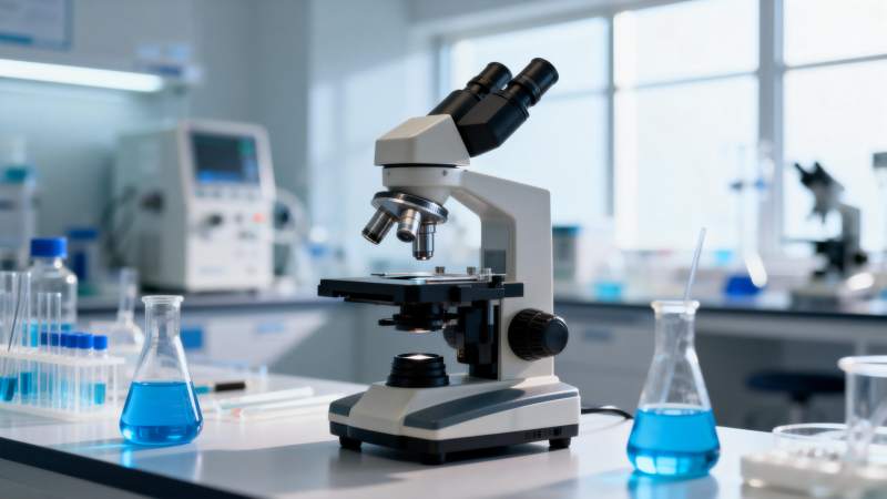 实验室显微镜与蓝色试剂图片
