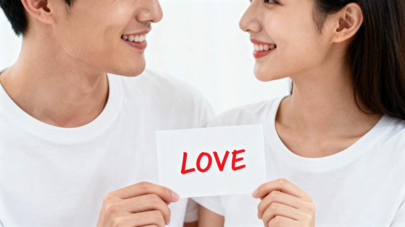 情侣持 LOVE 纸片微笑对视图片