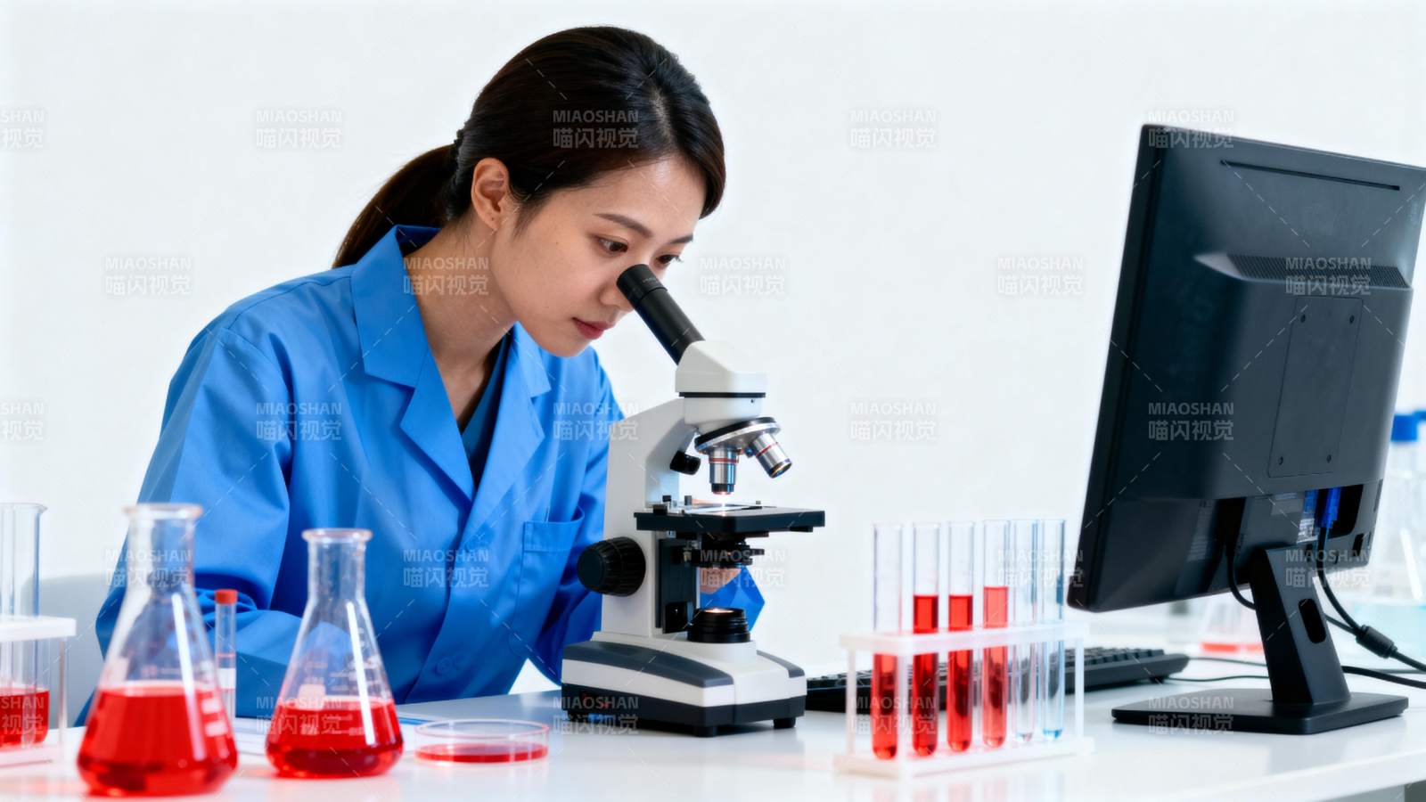 女科学家专注显微镜实验图片