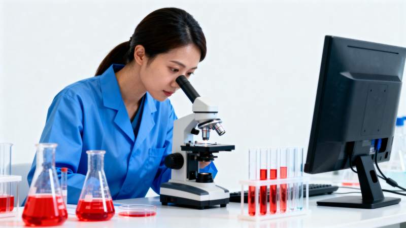 女科学家专注显微镜实验图片