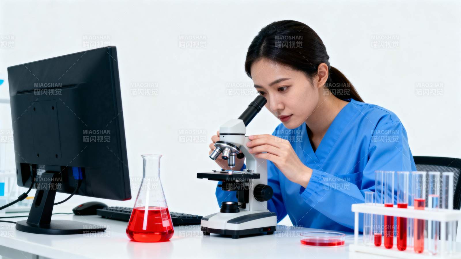 女科学家显微镜下专注实验图片