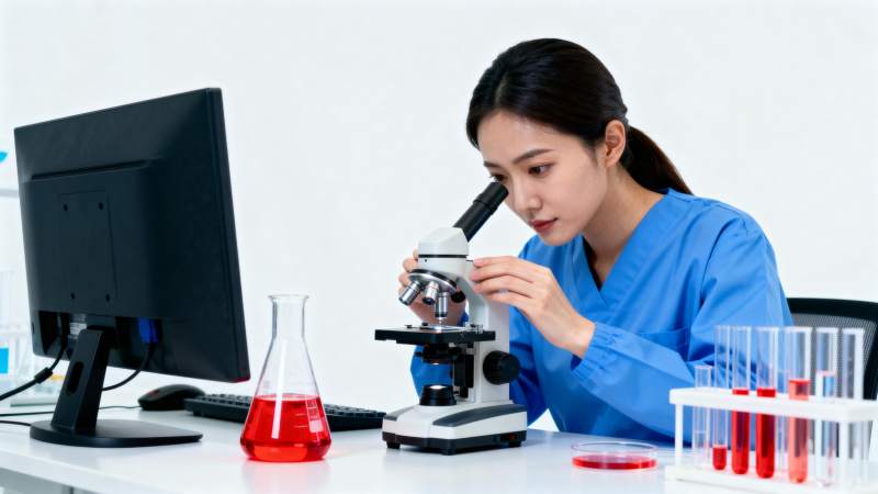 女科学家显微镜下专注实验图片