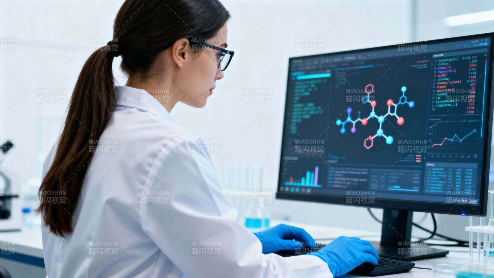 女科学家分析分子结构数据图片