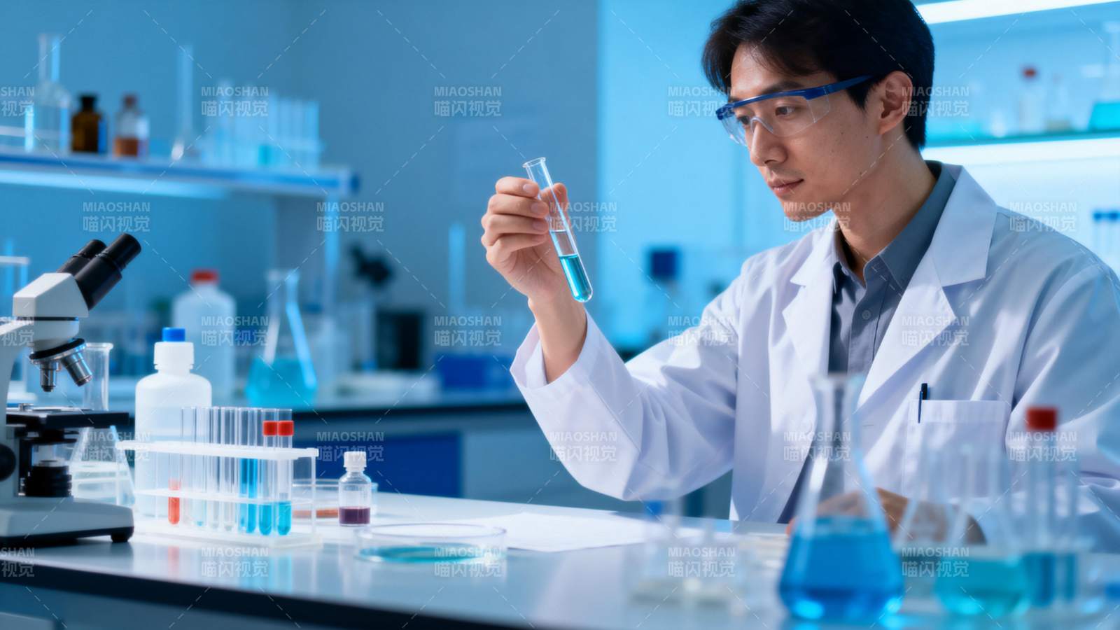 实验室研究员观察试管液体图片