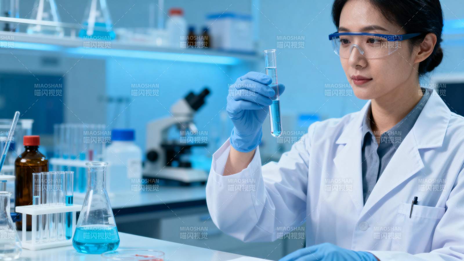 女科学家专注观察试管溶液图片