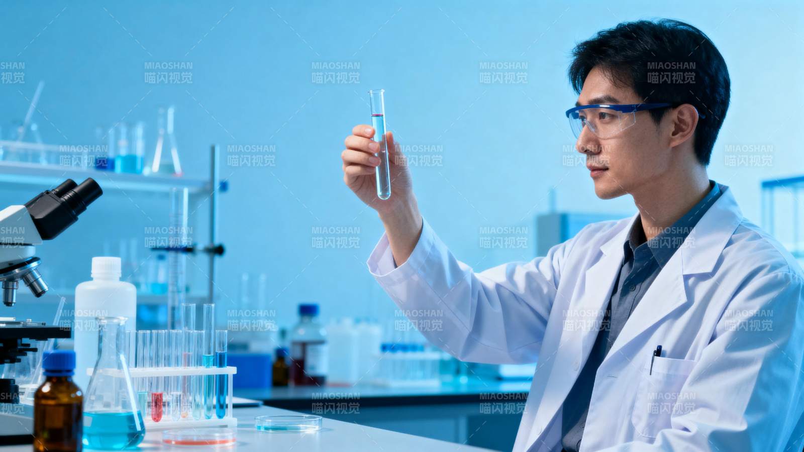 科学家专注观察试管溶液图片