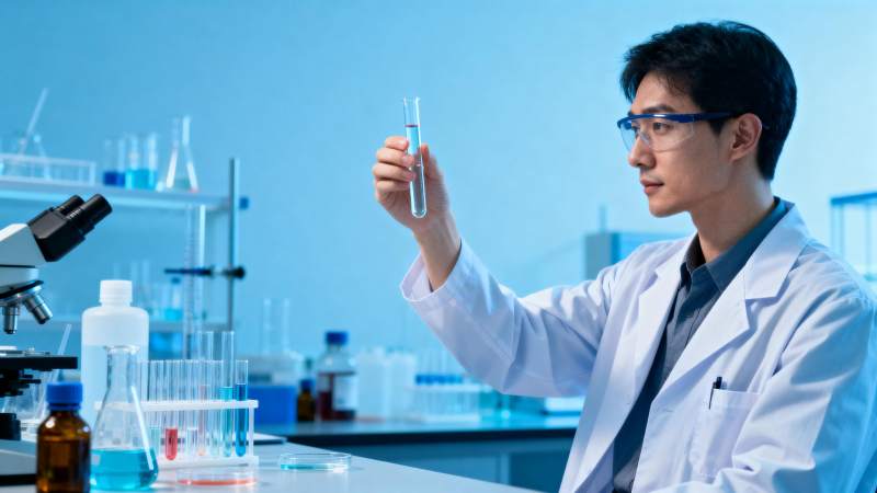 科学家专注观察试管溶液图片
