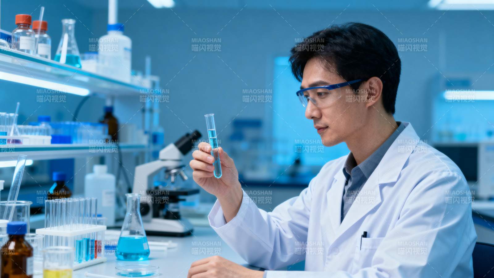 实验室里专注观察试管的科学家图片