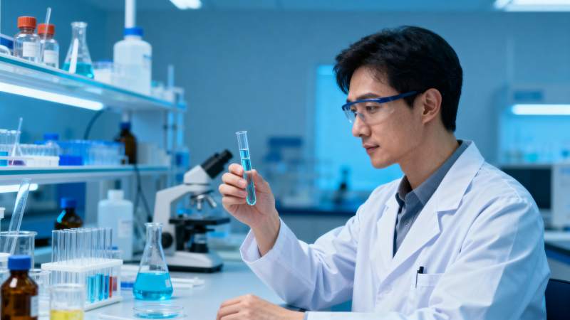实验室里专注观察试管的科学家图片