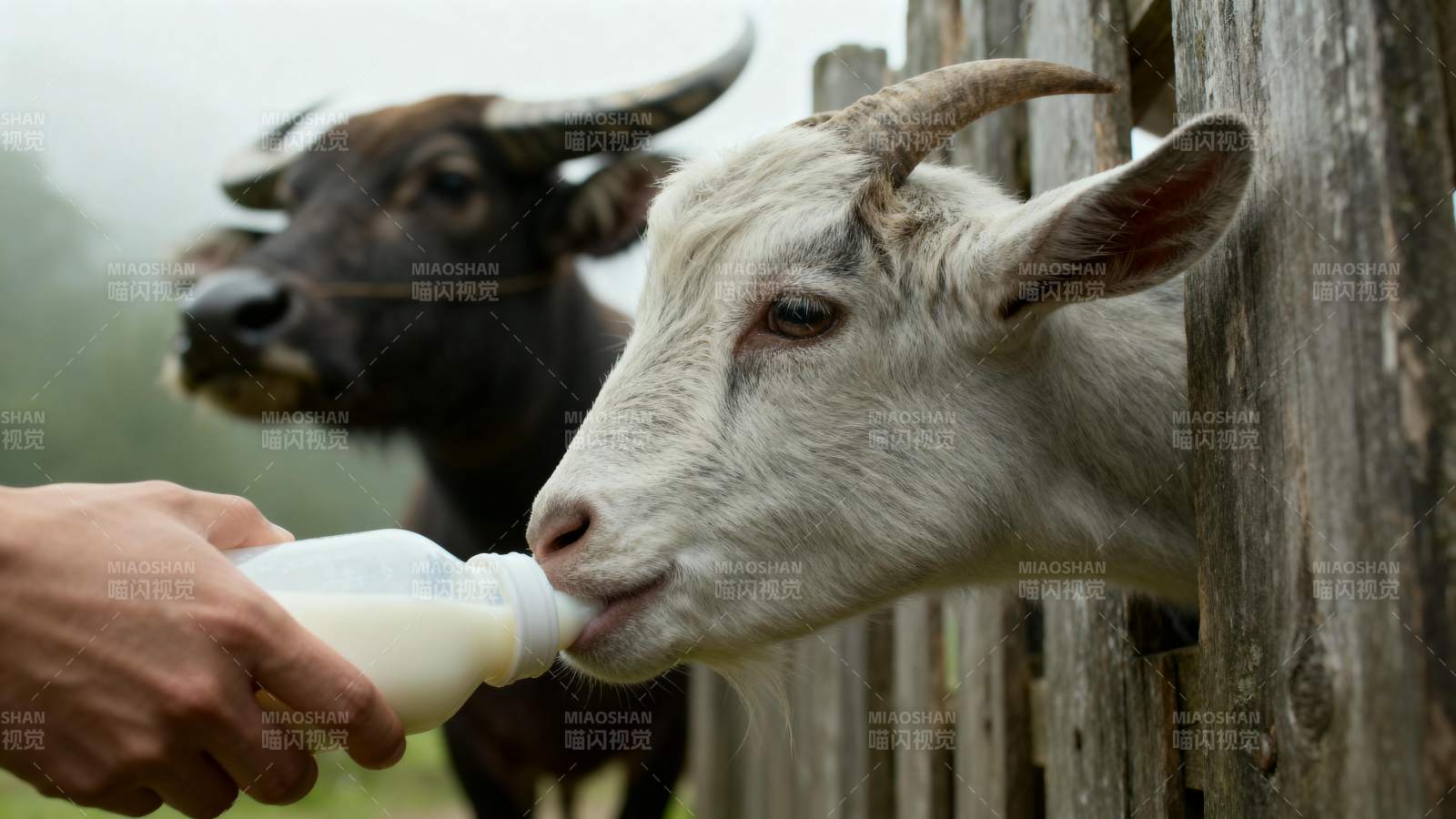 人手喂羊奶 水牛旁观图片