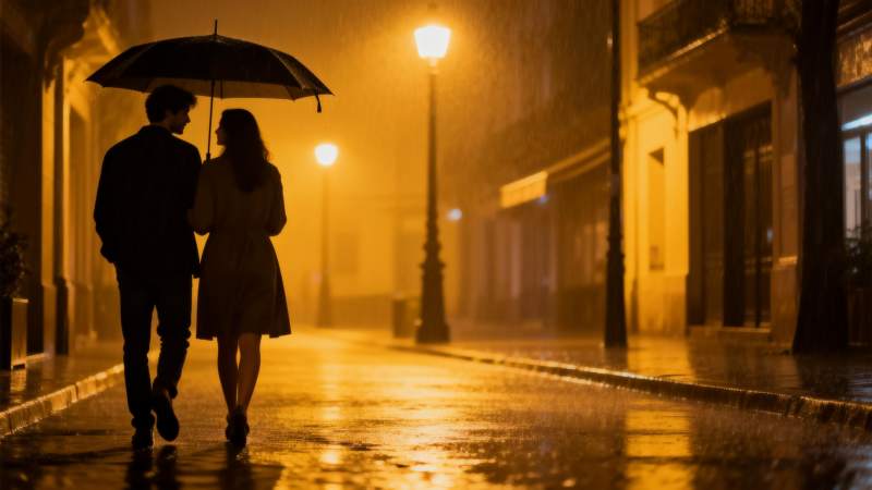 雨夜共伞 暖光伴行图片