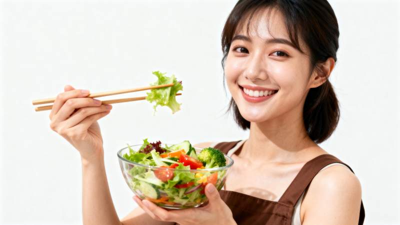 微笑女孩用筷子吃沙拉图片
