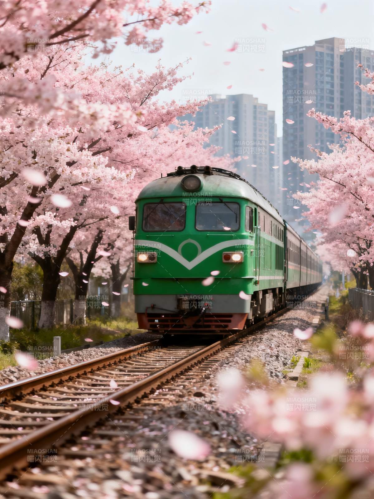 樱花列车穿行都市春景图片
