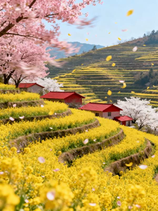 春花梯田 红屋映金黄图片