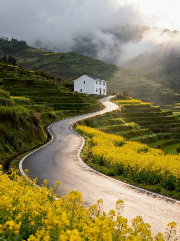 山间花路绕白屋图片