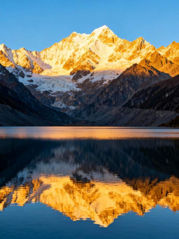 雪山金辉映湖镜图片