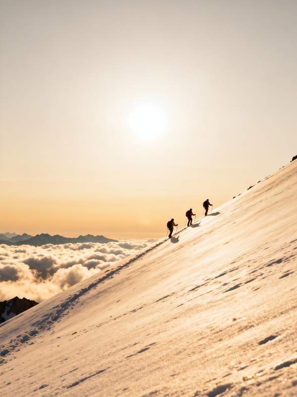 雪坡三人逐日行图片
