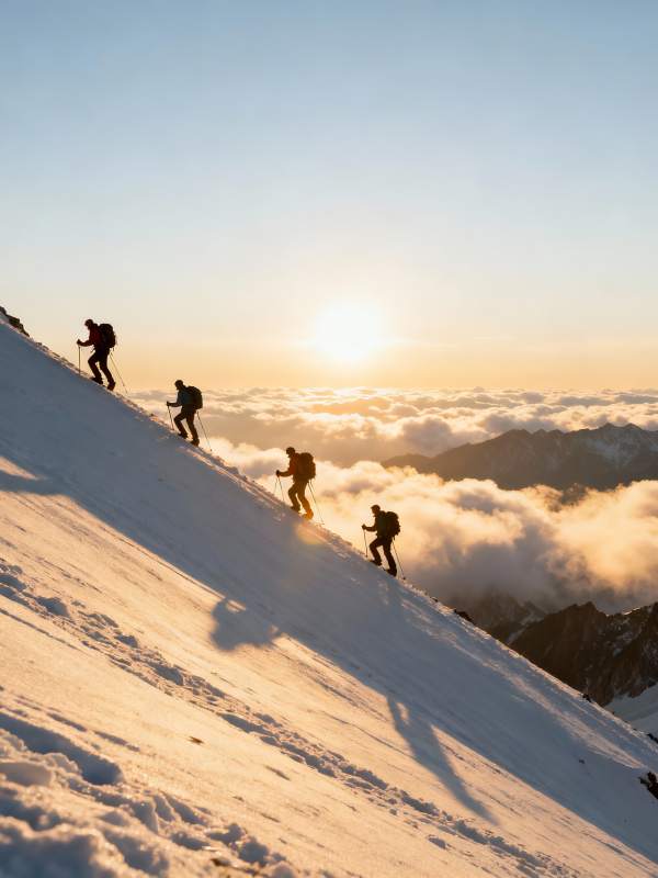 雪山日出 四人攀登云海之巅图片